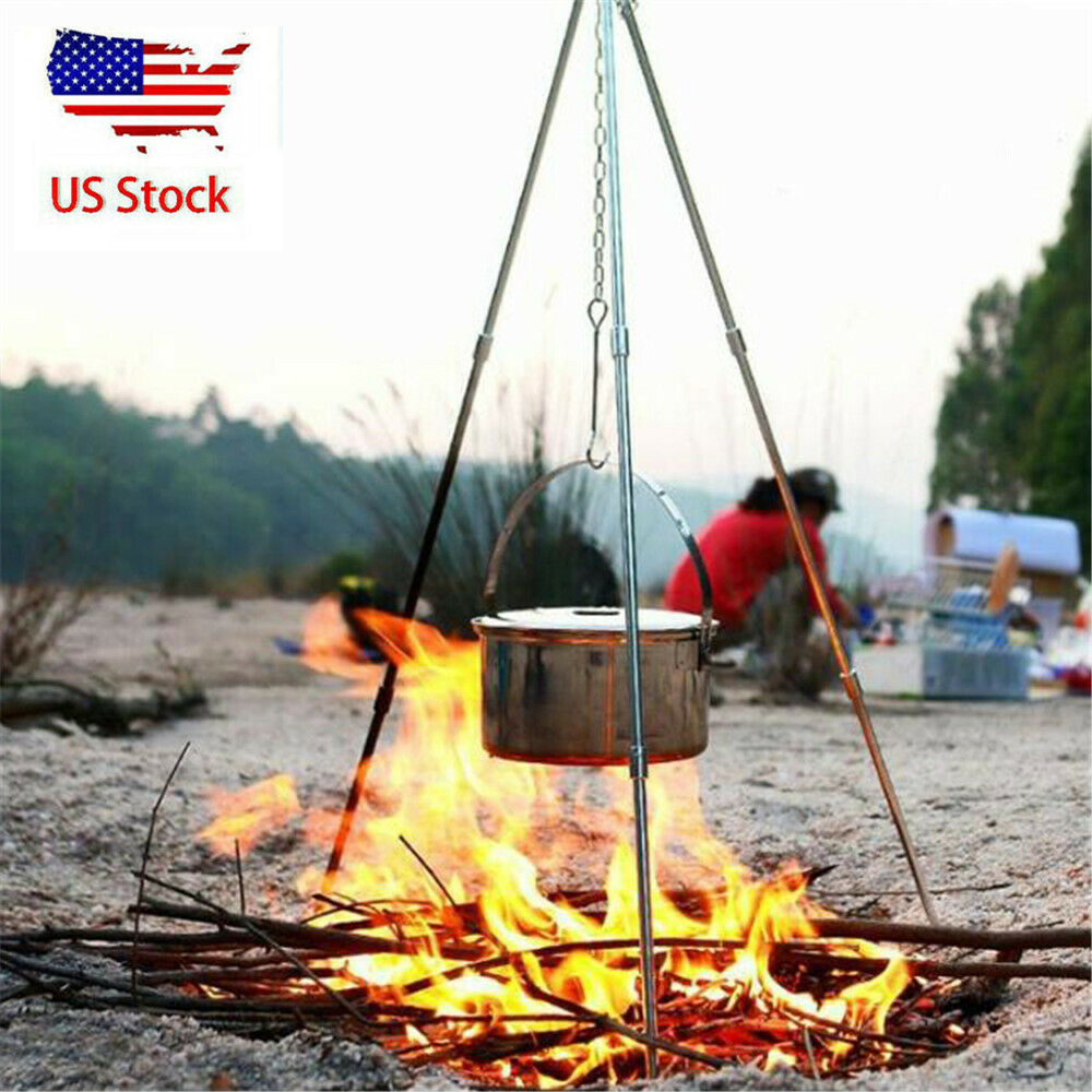 Folding Outdoor Campfire Cooking Tripod Grill Grate Stand Camping Fire Pit Tool Ebay